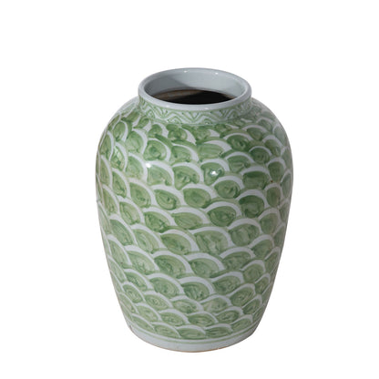 Spring Green Fish Scale Motif Porcelain Jar, Large