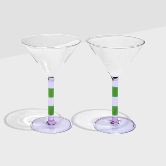 TWO x STRIPED MARTINI GLASSES - LILAC + GREEN
